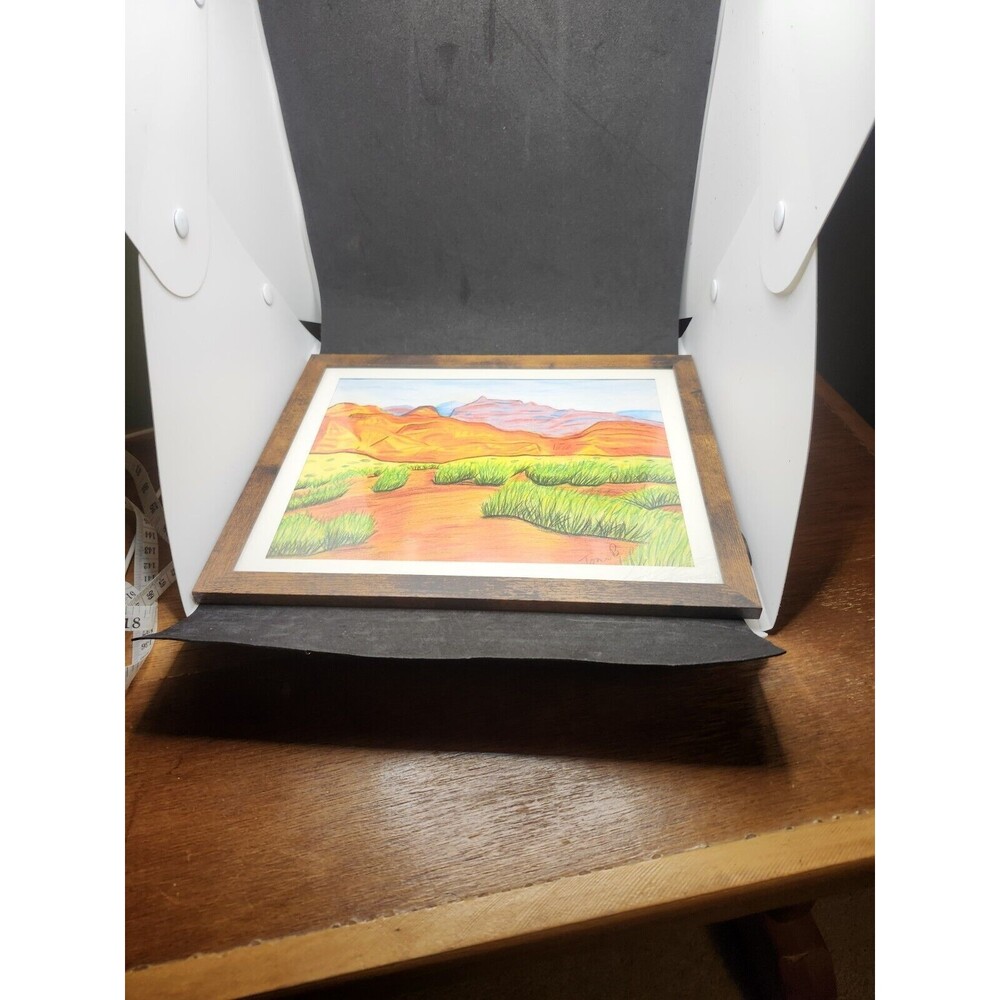 Hand Crafted Dessert Mountain Landscape Colored Pencil Drawing Framed 9x11" - Picture 10 of 16
